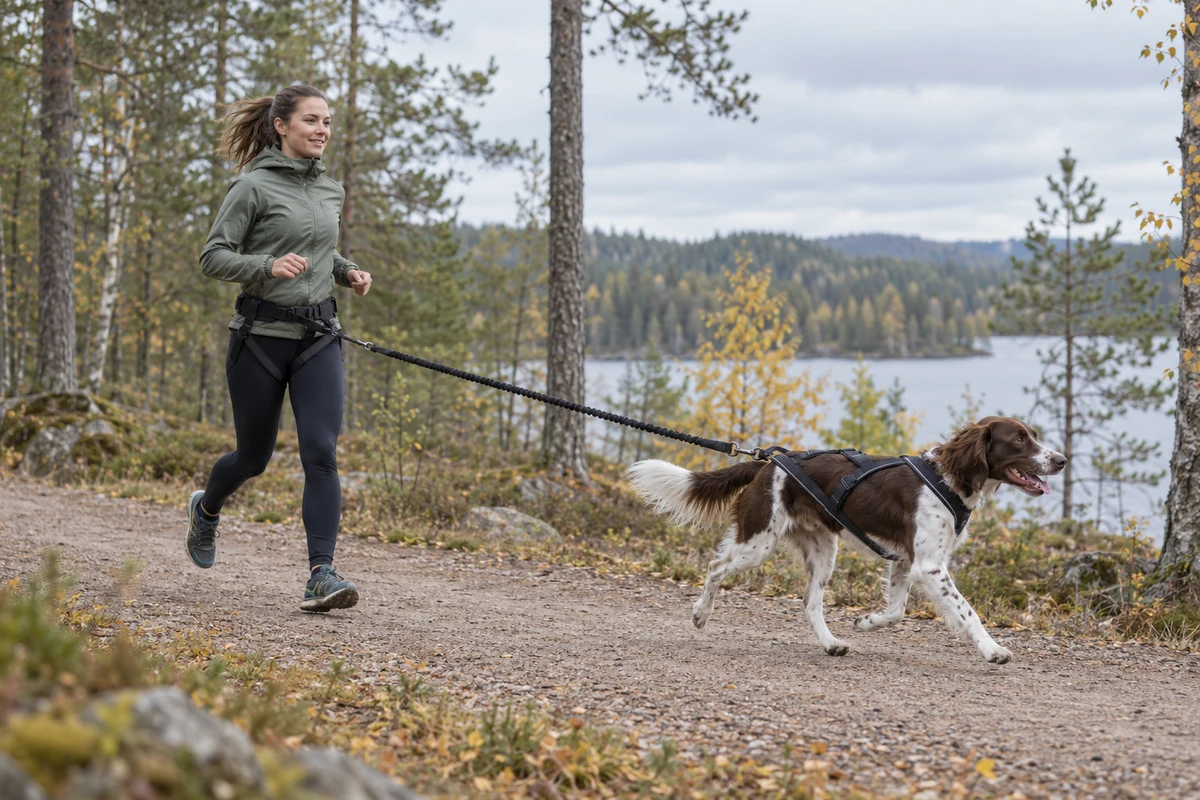 Juoksija ja vetovaljaisiin puettu koira etenevät metsäpolulla, joustoliina yhdistää koiran juoksijan lantiovyöhön.