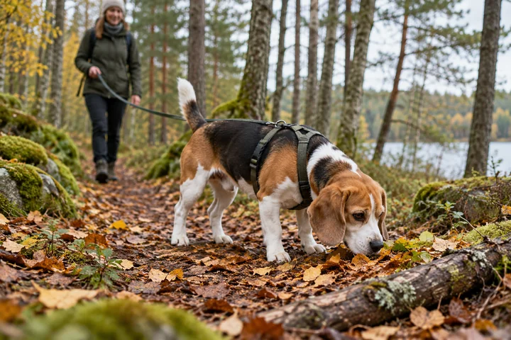 Kolmivärinen beagle haistelee syksyn lehtiä metsäpolulla löysässä hihnassa.