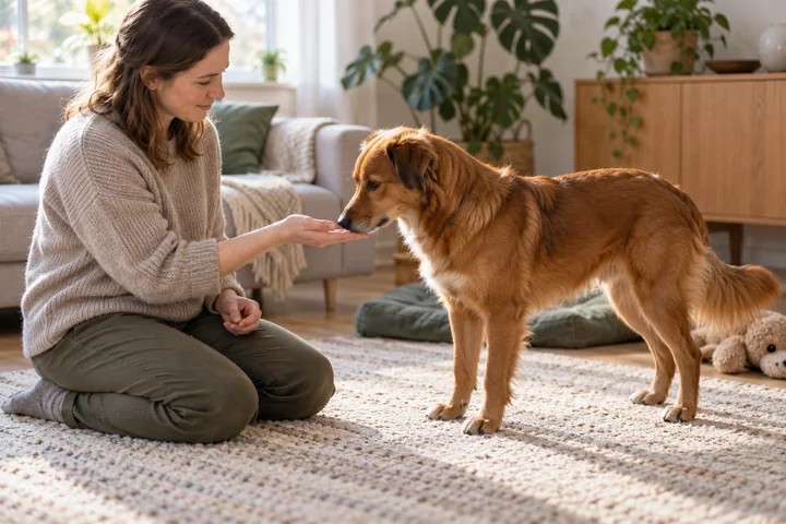 Koira koskettaa kuonollaan omistajan avointa kämmentä rauhallisessa nenäkosketusharjoituksessa.