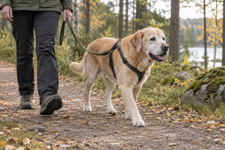 Harmaakuonoinen koira kävelee rauhallisesti omistajansa vierellä tasaisella metsäpolulla.