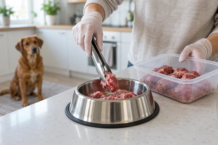 Raakaruoka-annosta siirretään pihdeillä koiran teräskuppiin puhtaalla keittiötasolla. Koira odottaa taustalla.