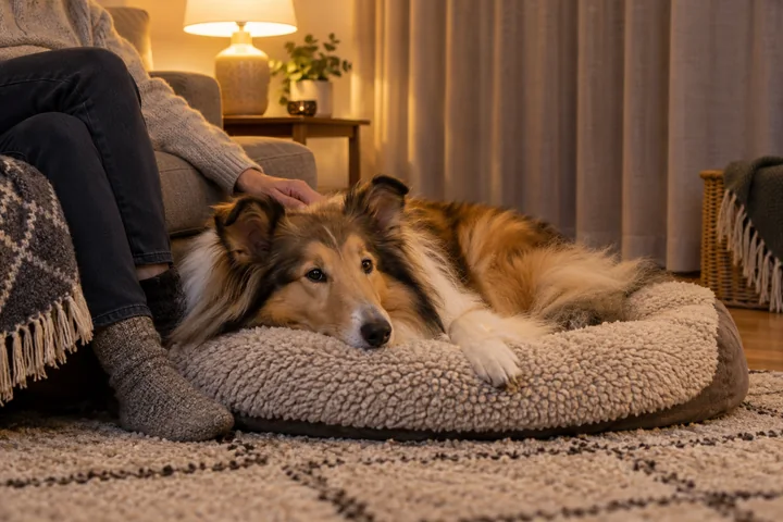 Collie lepää pehmeällä pedillä omistajan vieressä rauhallisessa huoneessa, jonka verhot ovat suljettuina.