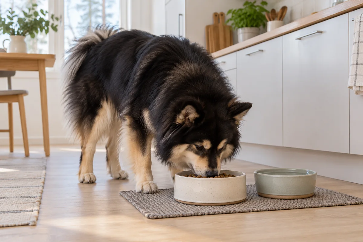 Suomenlapinkoira syö kuivaruokaa keraamisesta kupista valoisassa keittiössä, vesikuppi vierellään.