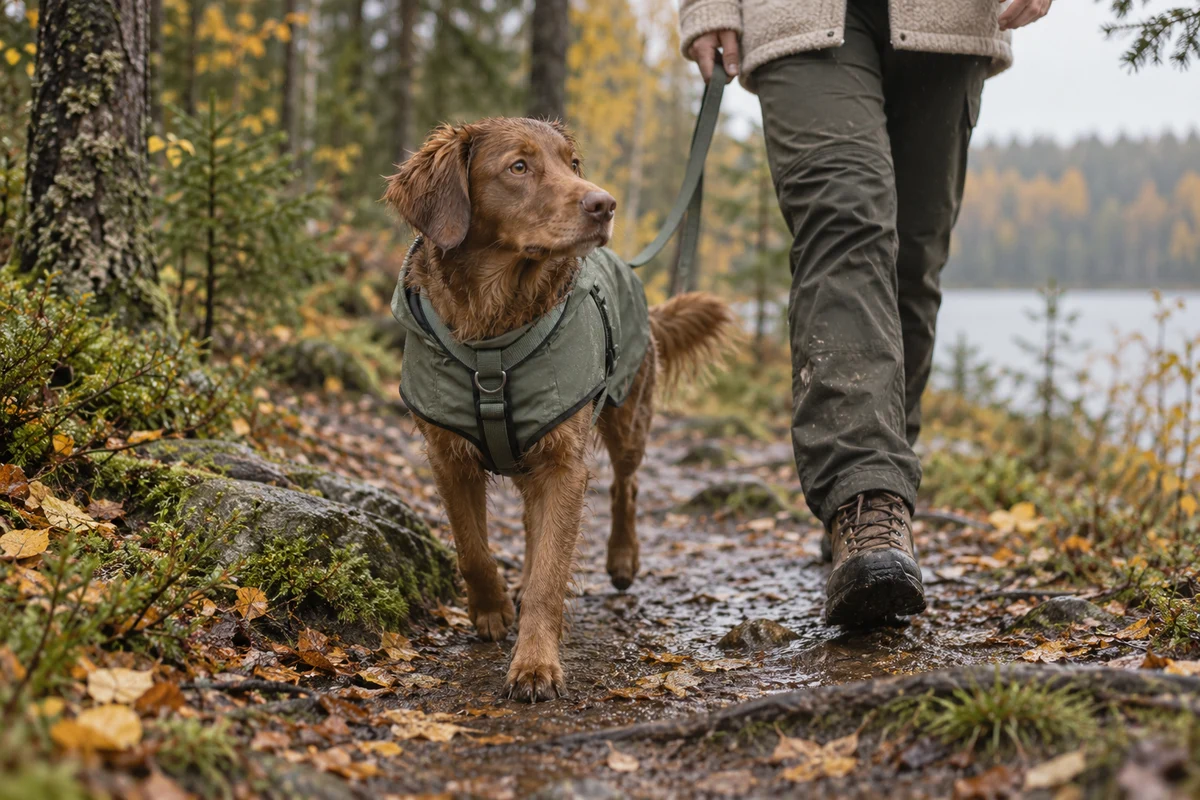 Koira kävelee vihreässä sadetakissa kostealla metsäpolulla omistajansa vierellä.