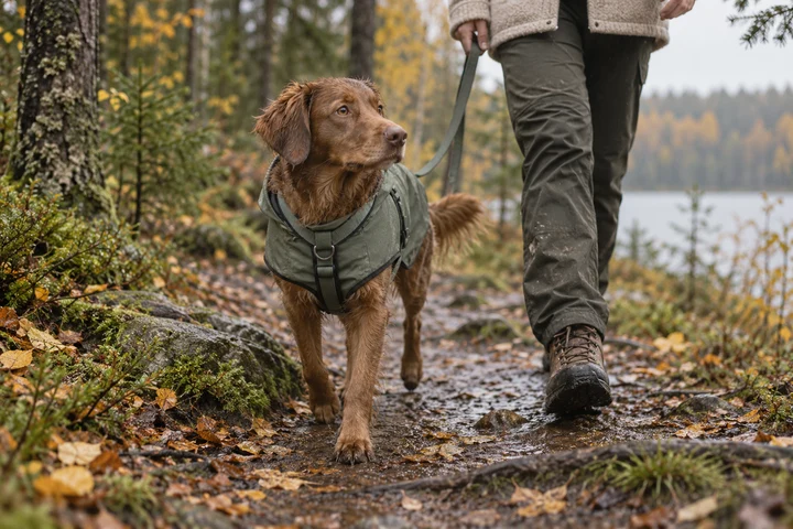 Koira kävelee vihreässä sadetakissa kostealla metsäpolulla omistajansa vierellä.