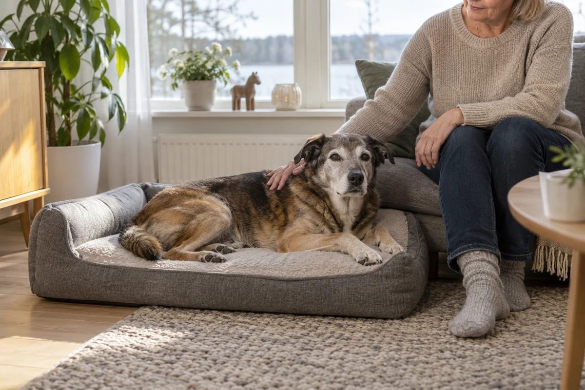 Harmaakuonoinen seniorikoira lepää matalassa pedissä omistajan silittäessä sitä rauhallisesti.
