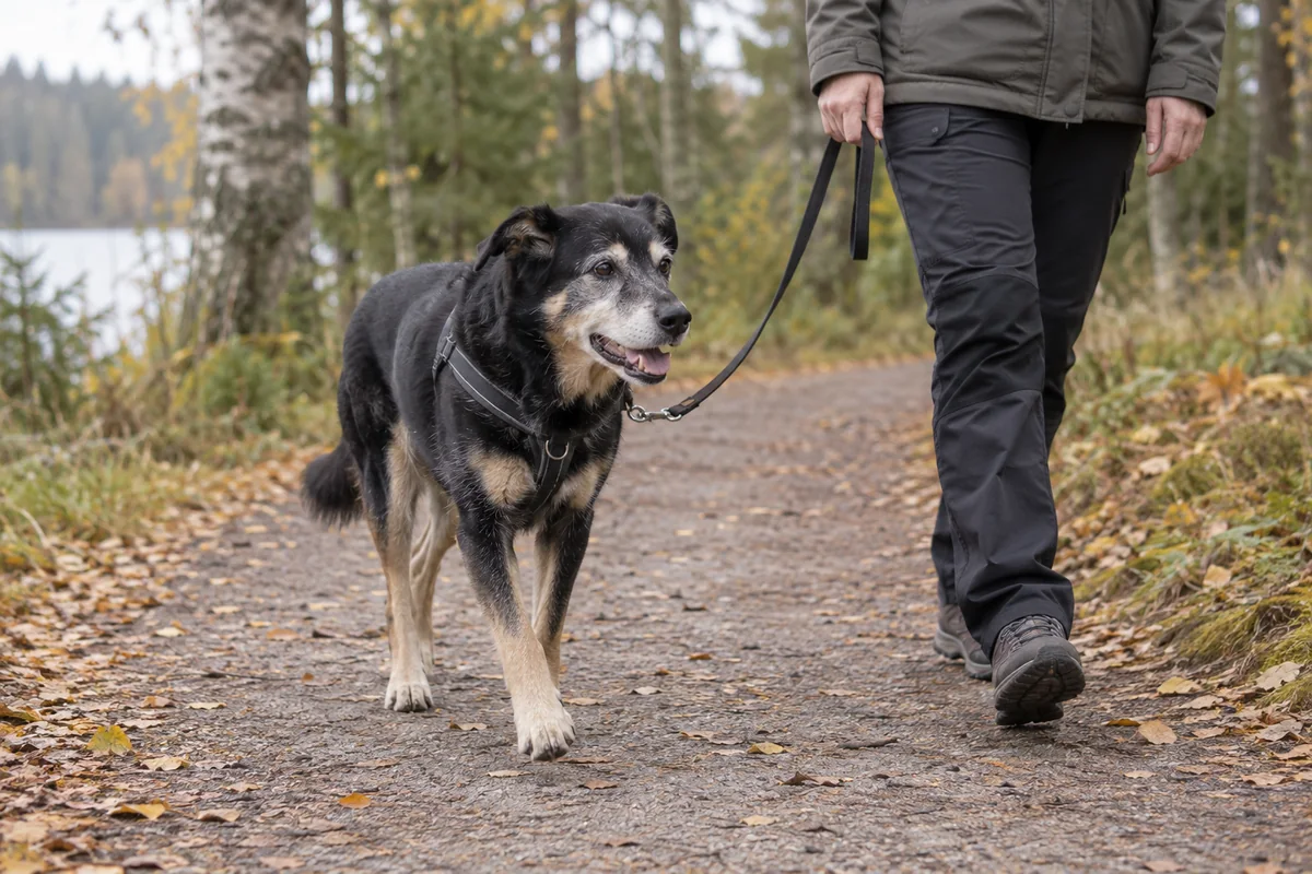 Harmaakuonoinen seniorikoira kävelee rauhallisesti omistajansa vierellä tasaisella metsäpolulla.