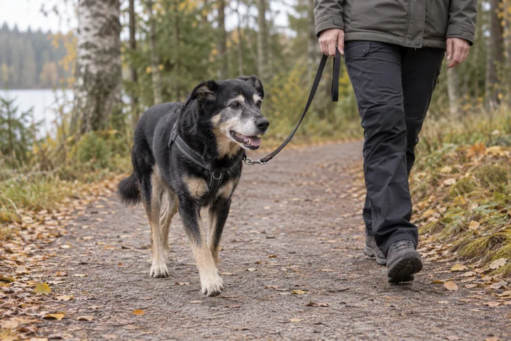 Harmaakuonoinen seniorikoira kävelee rauhallisesti omistajansa vierellä tasaisella metsäpolulla.
