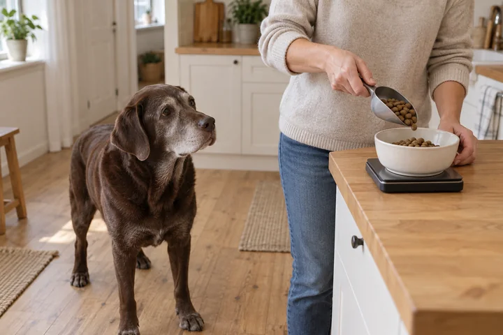 Omistaja punnitsee ruoka-annosta keittiövaa’alla harmaakuonoisen labradorinnoutajan odottaessa vieressä.